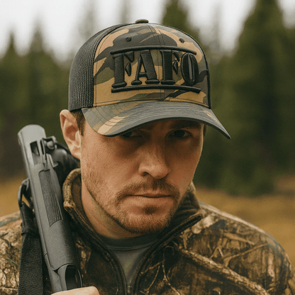 FAFO Trucker Cap (F*ck Around & Find Out) – Camo Mesh Back Hat, Tactical Outdoor Statement
