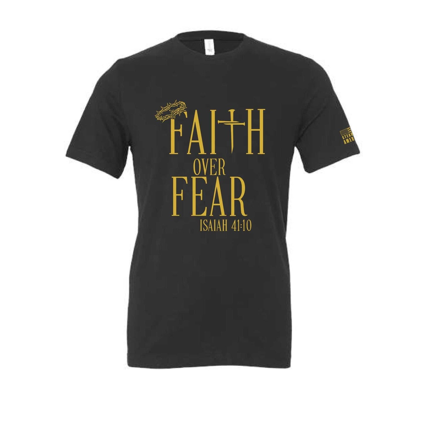 Black Faith Over Fear t-shirt with yellow Isaiah 41:10 scripture, crown of thorns and cross design, unisex cotton tee