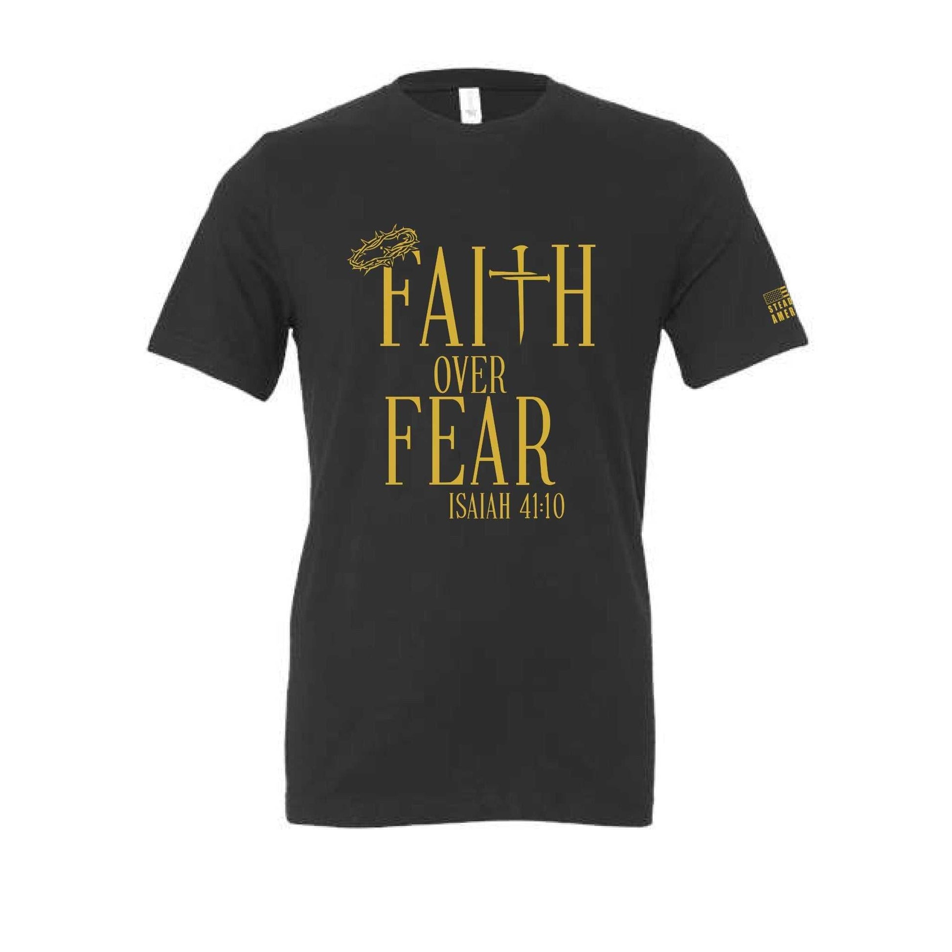 Black Faith Over Fear t-shirt with yellow Isaiah 41:10 scripture, crown of thorns and cross design, unisex cotton tee