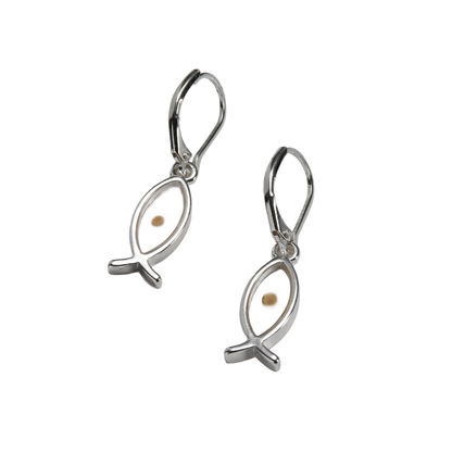 Sterling silver dangle earrings featuring mustard seed inside Christian fish symbol inspired by Matthew 17:20 faith jewelry gift for her