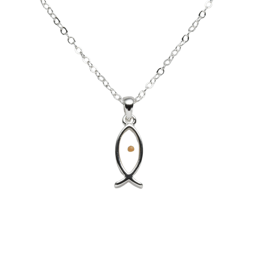 Mustard Seed Faith Fish Necklace – Christian Symbol Pendant in Silver