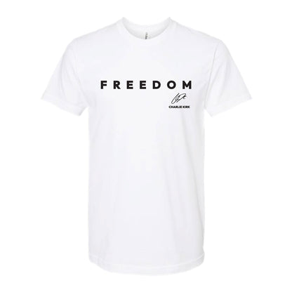White t-shirt with 'FREEDOM' text and Charlie Kirk signature on a white background
