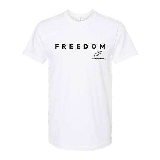White t-shirt with 'FREEDOM' text and Charlie Kirk signature on a white background