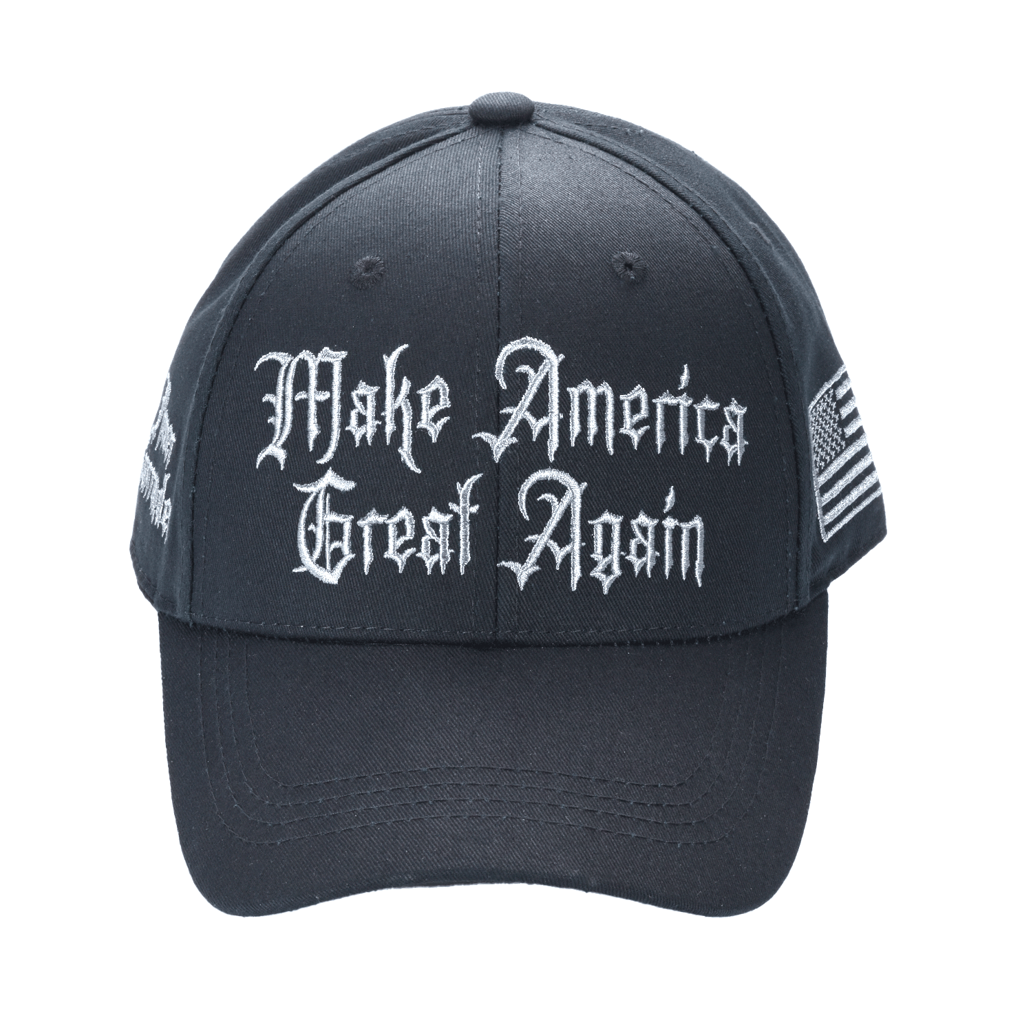 Black Gothic Dark MAGA Trump Cap with "Make America Great Again" front embroidery, "Never Surrender" side, American flag patch, and "Donald Trump" back embroidery in silver-grey thread on cotton twill