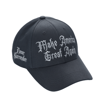 Gothic Dark MAGA Trump Cap – Black Cotton Twill, “Make America Great Again” Gothic Embroidery, Never Surrender Side, Flag & Trump Back