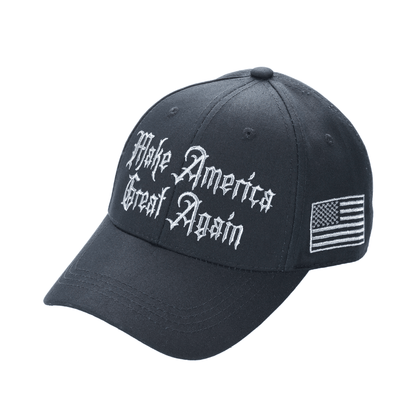 Gothic Dark MAGA Trump Cap – Black Cotton Twill, “Make America Great Again” Gothic Embroidery, Never Surrender Side, Flag & Trump Back