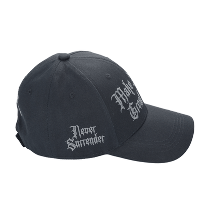 Gothic Dark MAGA Trump Cap – Black Cotton Twill, “Make America Great Again” Gothic Embroidery, Never Surrender Side, Flag & Trump Back