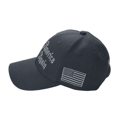 Gothic Dark MAGA Trump Cap – Black Cotton Twill, “Make America Great Again” Gothic Embroidery, Never Surrender Side, Flag & Trump Back