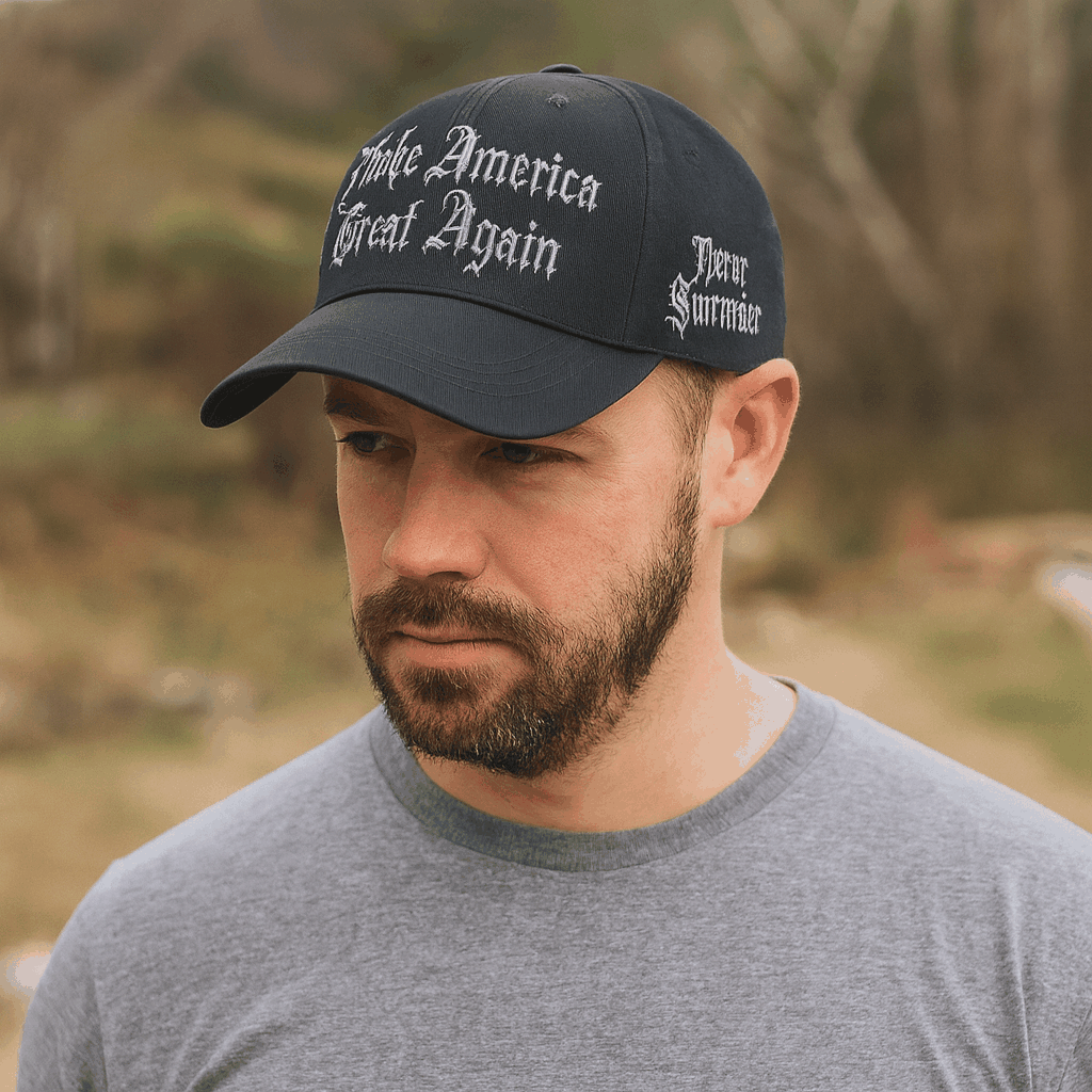 Gothic Dark MAGA Trump Cap – Black Cotton Twill, “Make America Great Again” Gothic Embroidery, Never Surrender Side, Flag & Trump Back