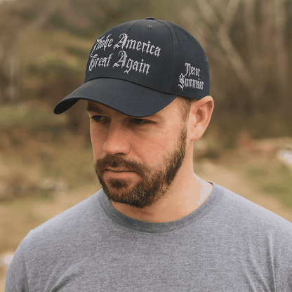 Gothic Dark MAGA Trump Cap – Black Cotton Twill, “Make America Great Again” Gothic Embroidery, Never Surrender Side, Flag & Trump Back