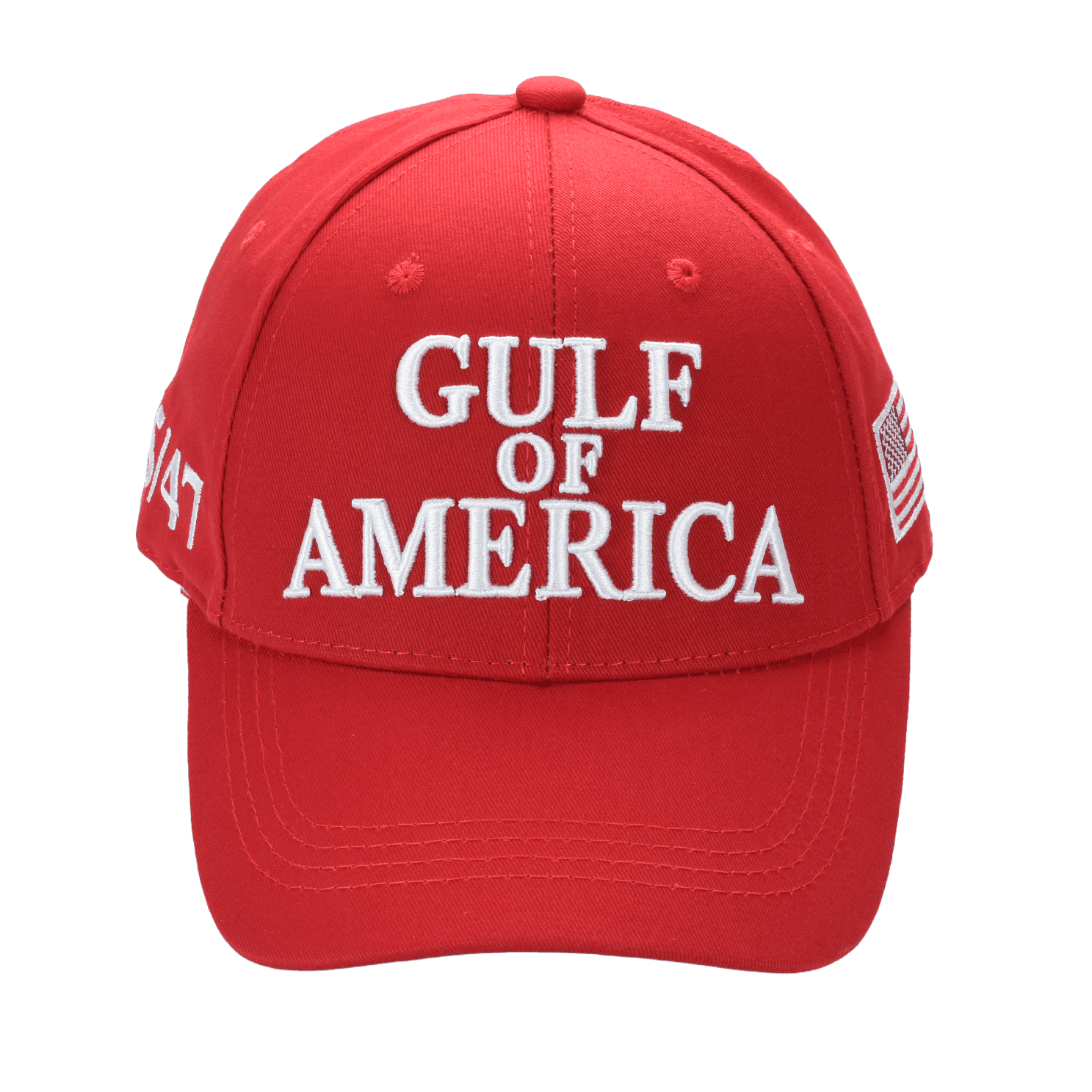 Red Gulf of America cap with white embroidered text, made of cotton twill, featuring an American flag patch and adjustable hook-and-loop strap