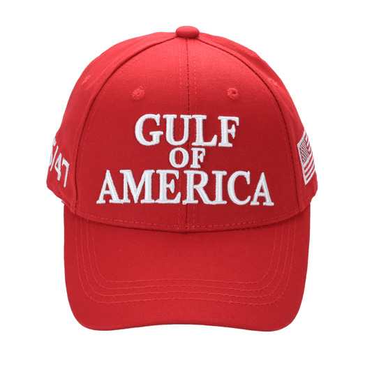 Red Gulf of America cap with white embroidered text, made of cotton twill, featuring an American flag patch and adjustable hook-and-loop strap