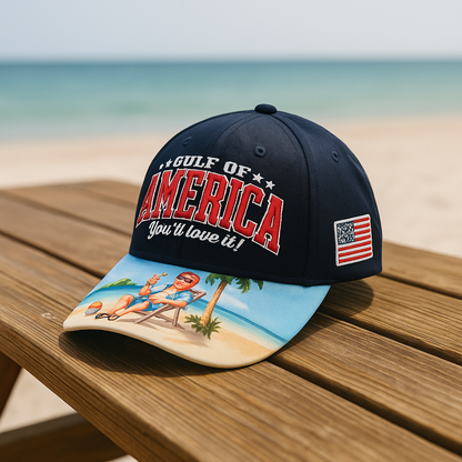 Gulf of America Cap – Beach Scene Printed Bill & USA Flag Patch