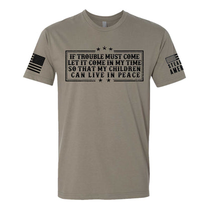 Trouble Must Come Shirt with Thomas Paine quote and patriotic American flag sleeve print