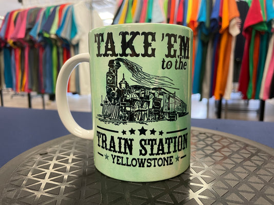 Coffee Mug, Ceramic, 15 oz., Take 'Em To The Train Station, Green