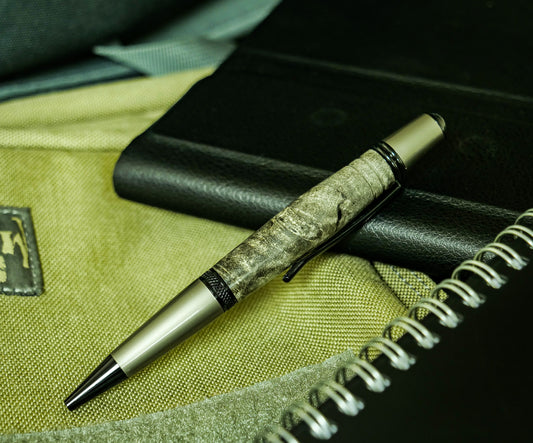 Pen, Handmade Pen #010, Gatsby Twist, Buckeye Burl (Gray), Black/Gray