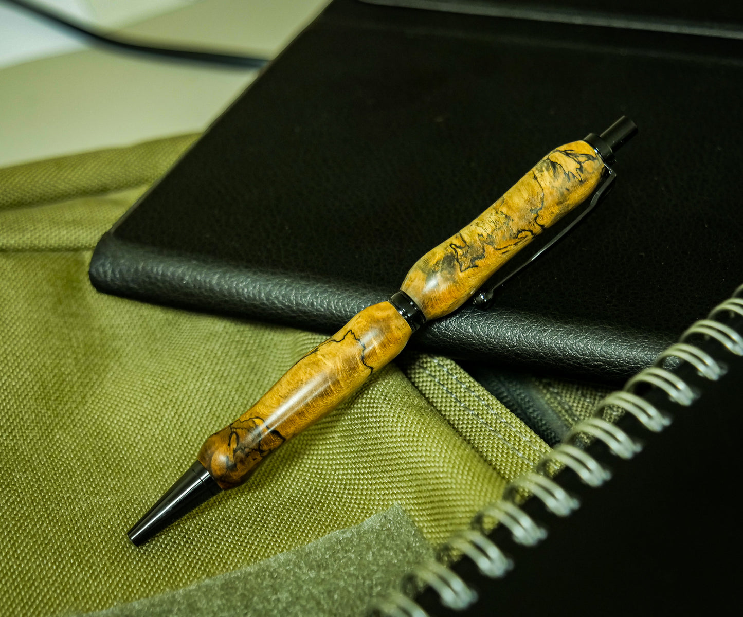 Pen, Handmade Pen #055, Click, Stabilized Spalted Primavera, Black Chrome