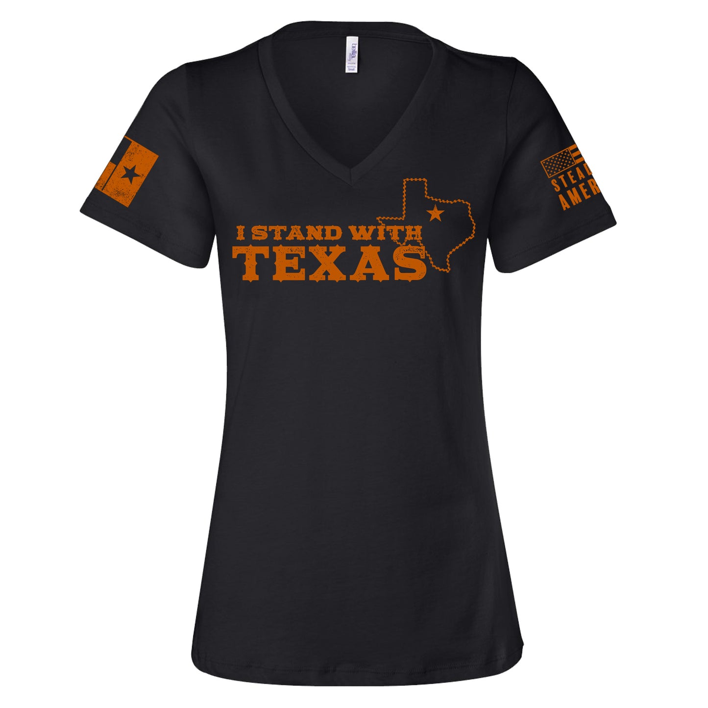 I Stand With Texas, Bella Canvas Women's Relaxed Jersey V-Neck, Black / Mauve / O.D. Green