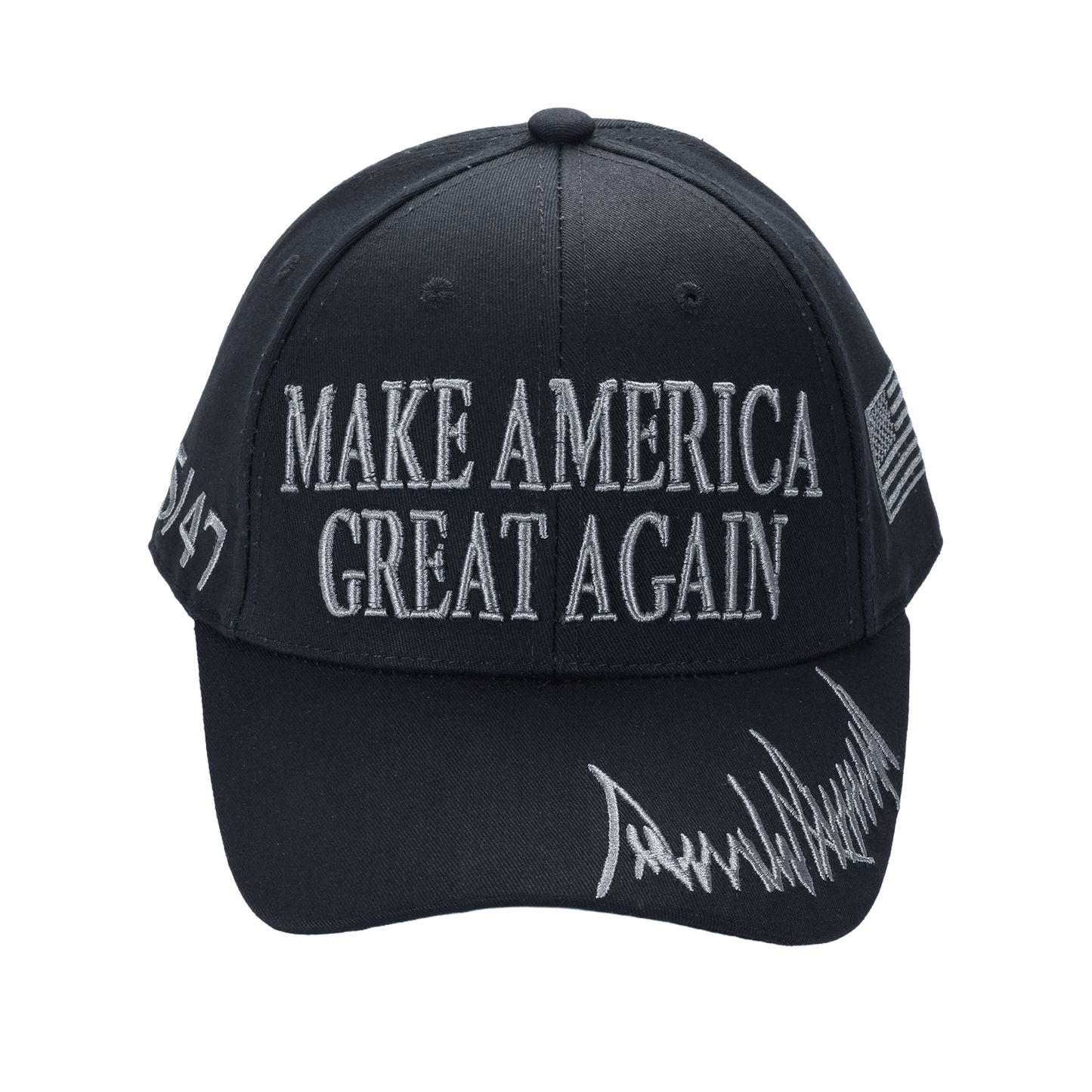 Black MAGA Trump Cap with silver-gray embroidered "MAKE AMERICA GREAT AGAIN" slogan, adjustable black cotton twill dad hat with flag and signature details