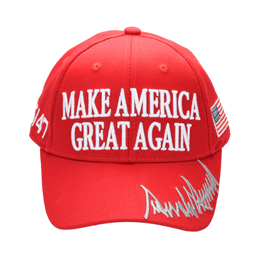 MAGA Baseball Cap with Gray Trump Signature Bill ‒ Patriotic Red Snapback Hat for Men & Women / Trump 45-47