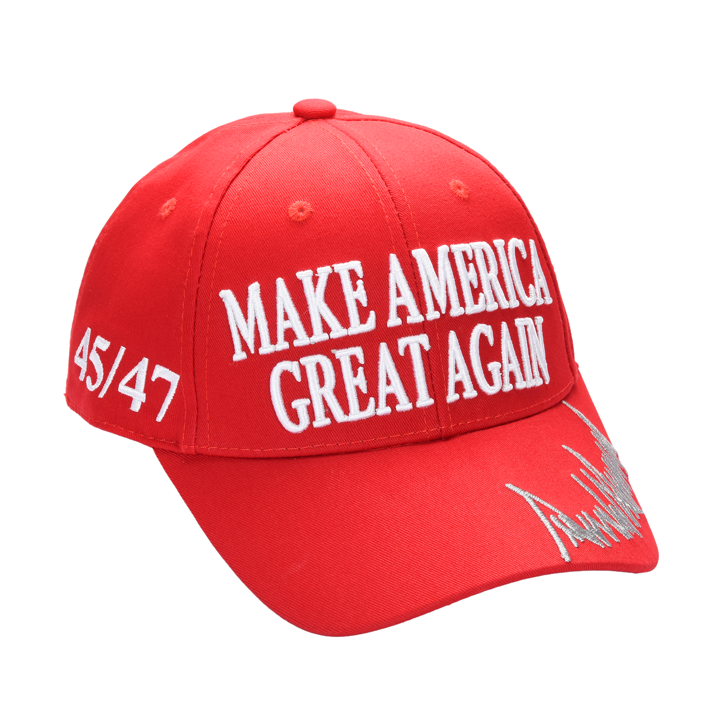 MAGA Baseball Cap with Gray Trump Signature Bill ‒ Patriotic Red Snapback Hat for Men & Women / Trump 45-47