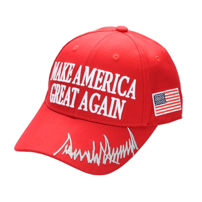 MAGA Baseball Cap with Gray Trump Signature Bill ‒ Patriotic Red Snapback Hat for Men & Women / Trump 45-47