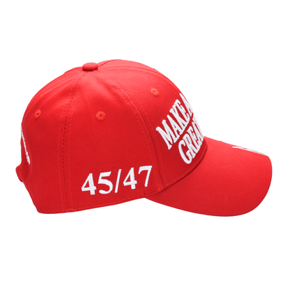 MAGA Baseball Cap with Gray Trump Signature Bill ‒ Patriotic Red Snapback Hat for Men & Women / Trump 45-47