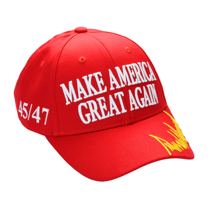MAGA Baseball Cap with Trump Yellow Signature Bill ‒ Patriotic Red Snapback Hat for Men & Women / Trump 45-47