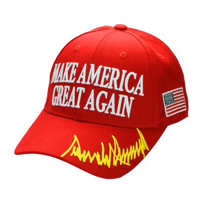 MAGA Baseball Cap with Trump Yellow Signature Bill ‒ Patriotic Red Snapback Hat for Men & Women / Trump 45-47