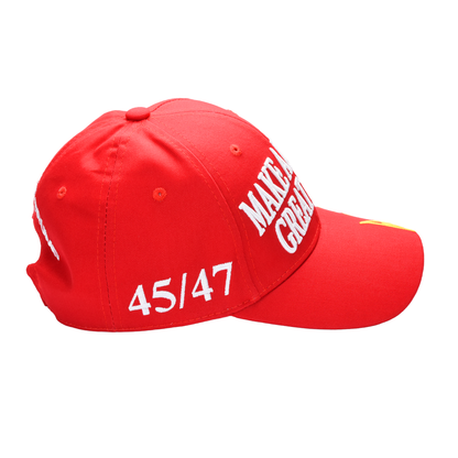 MAGA Baseball Cap with Trump Yellow Signature Bill ‒ Patriotic Red Snapback Hat for Men & Women / Trump 45-47