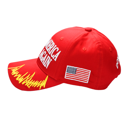 MAGA Baseball Cap with Trump Yellow Signature Bill ‒ Patriotic Red Snapback Hat for Men & Women / Trump 45-47