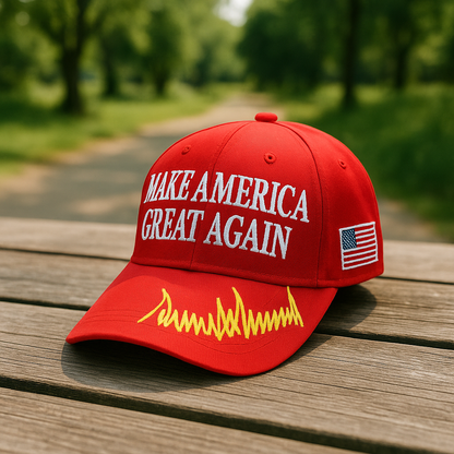 MAGA Baseball Cap with Trump Yellow Signature Bill ‒ Patriotic Red Snapback Hat for Men & Women / Trump 45-47