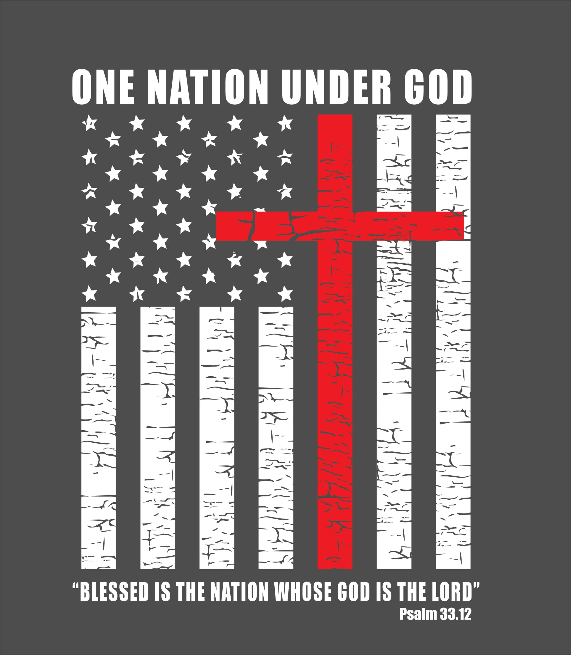 American flag with a red cross and text 'One Nation Under God' on a dark background