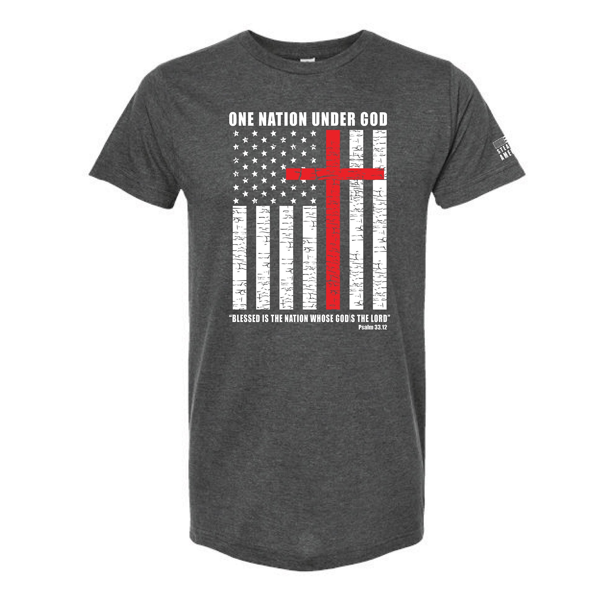 Gray t-shirt with American flag and cross design on a white background with one nation under god text