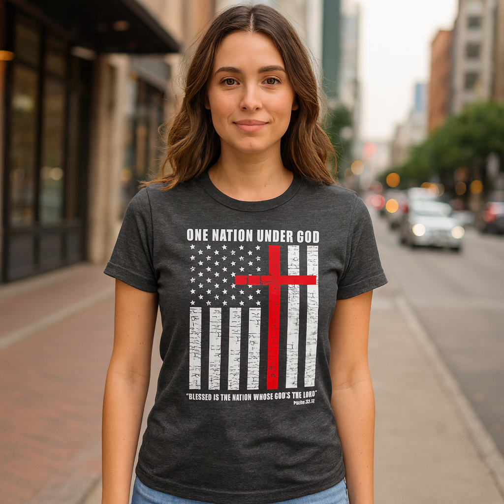 Woman wearing a t-shirt with a design featuring an American flag and cross on a city street with One Nation Under God text.