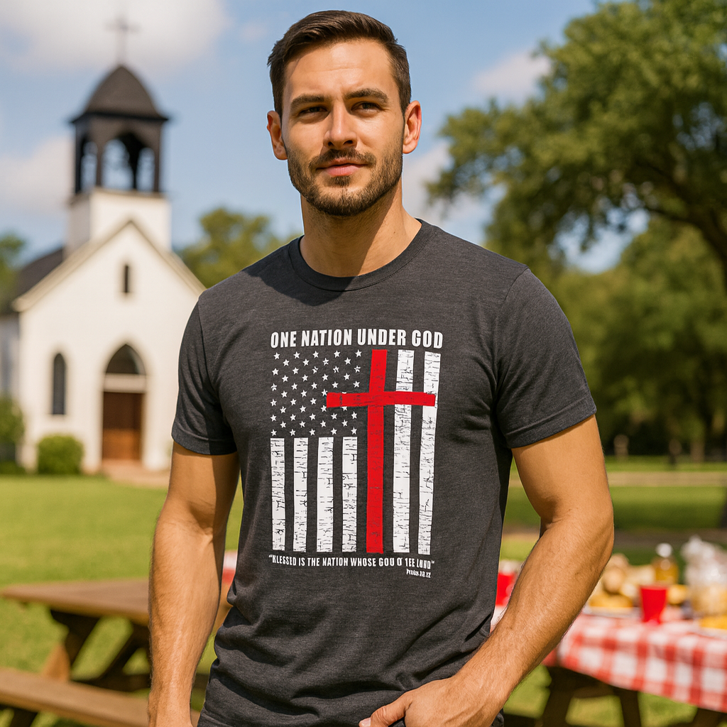 Man wearing a t-shirt with a flag with cross design in front of a church with text One Nation Under God
