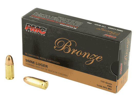 PMC 50 rounds 9mm Luger 115 grain FMJ brass ammunition box with two bullets