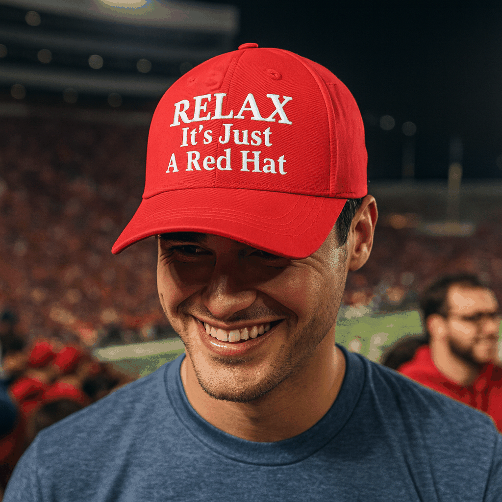 Relax It’s Just a Red Hat – Funny Parody Baseball Cap, Embroidered Cotton Twill, Adjustable Hook-and-Loop Strap