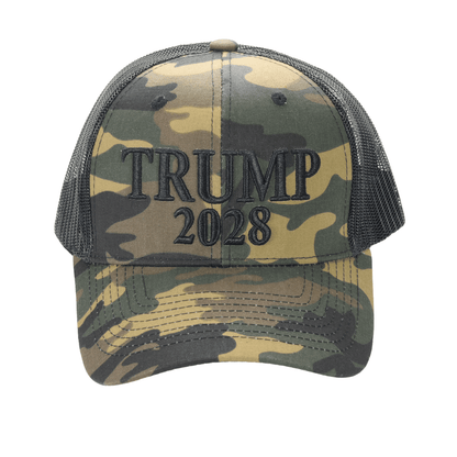 Trump 2028 Camo Trucker Cap with camouflage front, black mesh back, and embroidered "TRUMP 2028" slogan