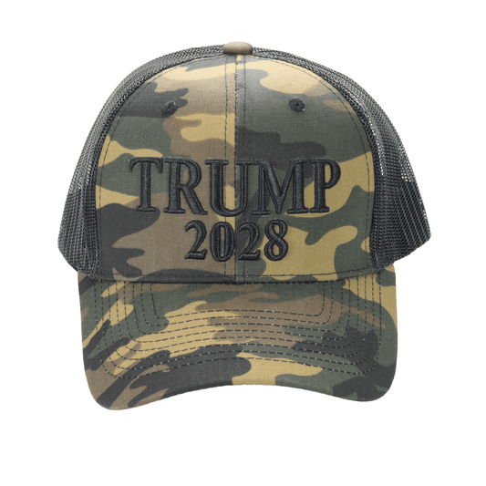 Trump 2028 Camo Trucker Cap with camouflage front, black mesh back, and embroidered "TRUMP 2028" slogan