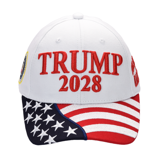 Trump 2028 Cap with Presidential Seal – Embroidered White MAGA Hat, Adjustable Dad Cap