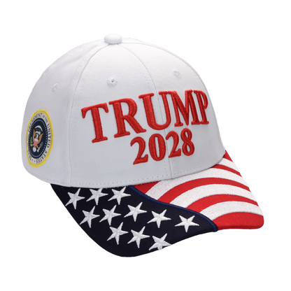 Trump 2028 Cap with Presidential Seal – Embroidered White MAGA Hat, Adjustable Dad Cap