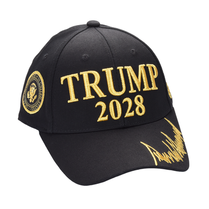 Trump 2028 Cap with Presidential Seal – Embroidered Black MAGA Hat, Adjustable Dad Cap