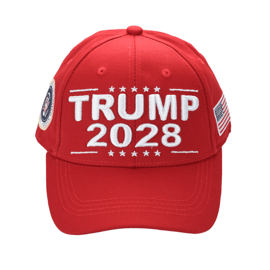 Red Trump 2028 cap with white embroidered text, Presidential Seal patch, American flag, and adjustable strap