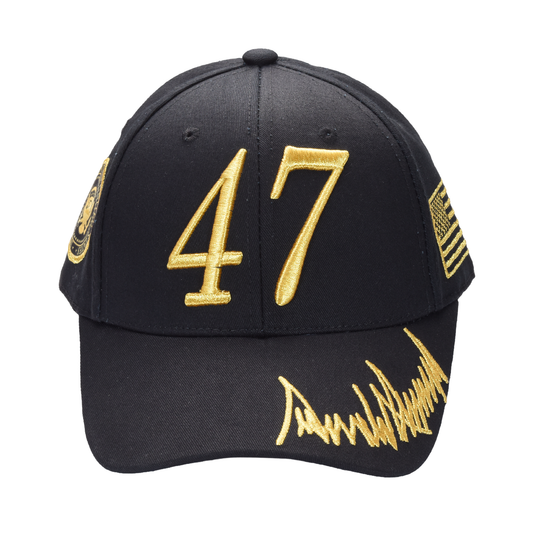 Trump 47 Black Cap with Gold Embroidery – Hook & Loop Adjustable Patriotic Hat