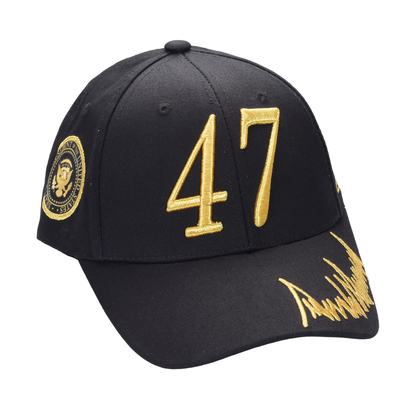 Trump 47 Black Cap with Gold Embroidery – Hook & Loop Adjustable Patriotic Hat