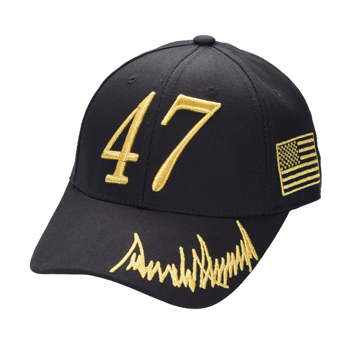 Trump 47 Black Cap with Gold Embroidery – Hook & Loop Adjustable Patriotic Hat