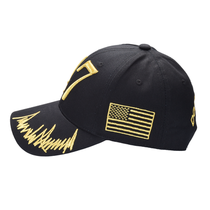 Trump 47 Black Cap with Gold Embroidery – Hook & Loop Adjustable Patriotic Hat