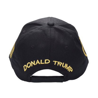 Trump 47 Black Cap with Gold Embroidery – Hook & Loop Adjustable Patriotic Hat