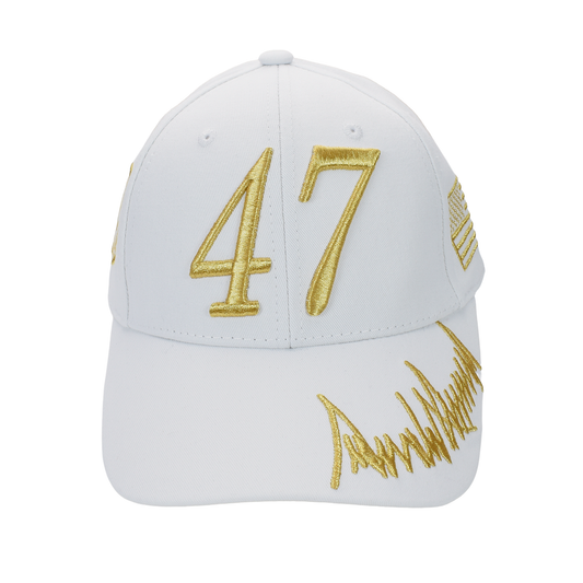 Trump 47 White Cap with Gold Embroidery – Hook & Loop Adjustable Patriotic Hat
